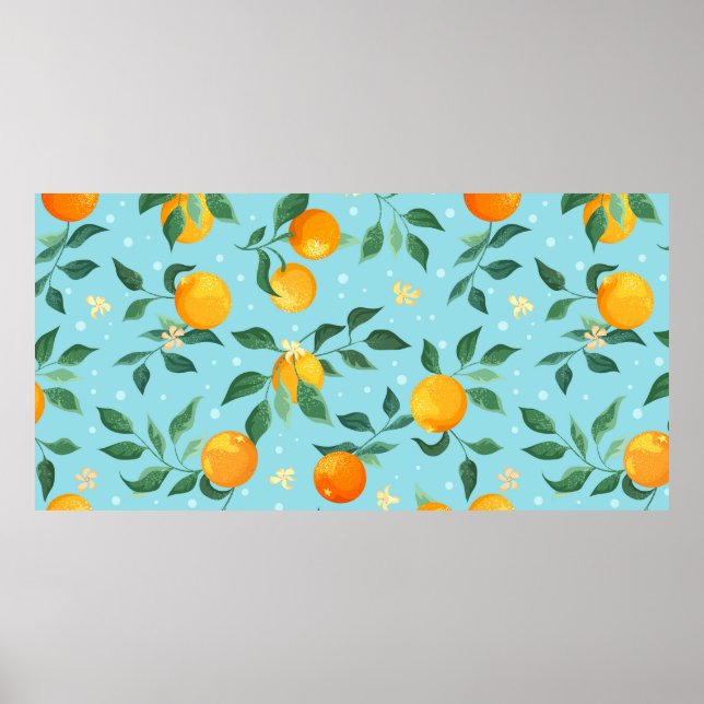 Branches of oranges with flowers on a blue backgro poster (Front)
