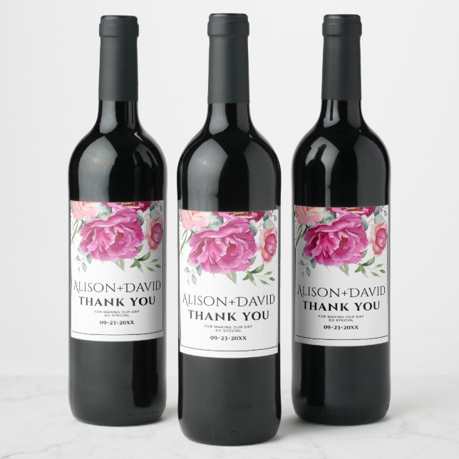 Branches, pink rose flowers and typography wedding wine label (Bottles)