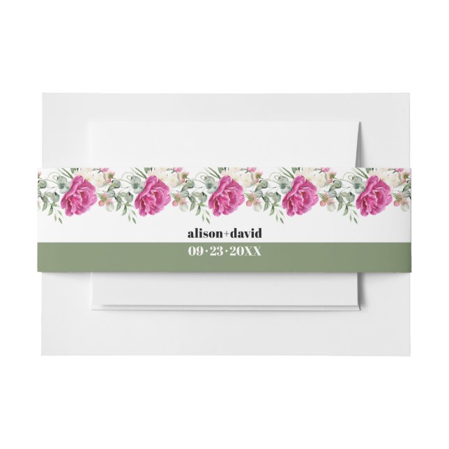 Branches with greenery and white flowers wedding invitation belly band (Front Example)
