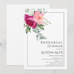 Branches with pink rose flowers rehearsal dinner invitation