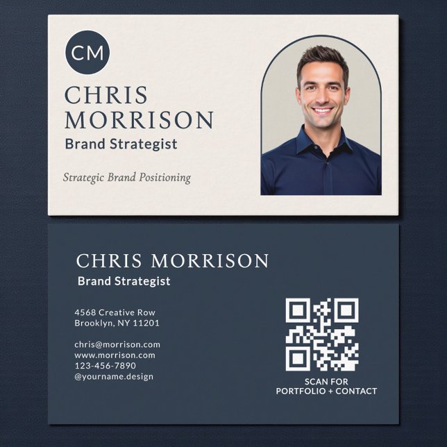 Brand Strategist Photo QR Code Navy Blue Business Card (Creator Uploaded)