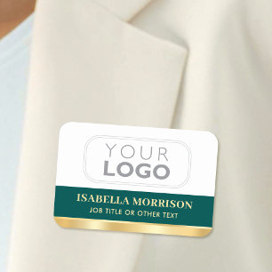 Branded Staff Name Tag Green Gold Magnetic or Pin