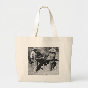 Branding horses with the pitchfork brand large tote bag
