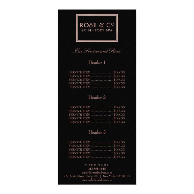 Branding Price List Rose Gold Black Glam Frame Rack Card (Front)