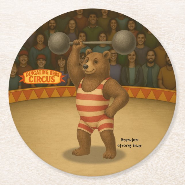 Brandon, circus strong-bear round paper coaster (Front)