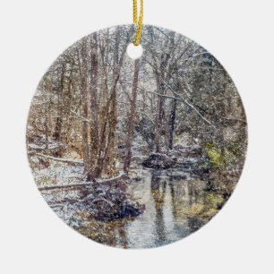 Branson Fall Creek Winter Snow Painterly Ceramic Ornament