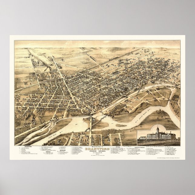 Brantford, ON, Canada Panoramic Map - 1875 Poster (Front)
