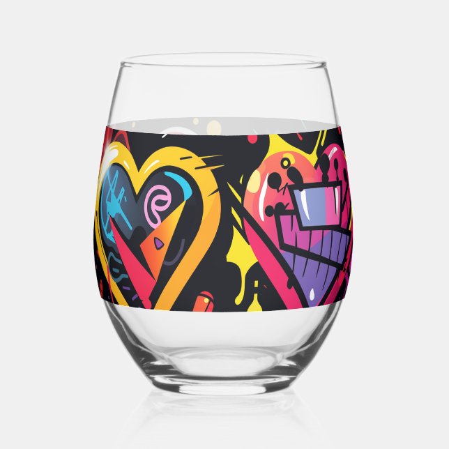 Brash punk hearts in vibrant colors stemless wine glass (Front)