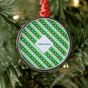 Brasil and Brazilian Flag Tiled with Your Name Metal Ornament
