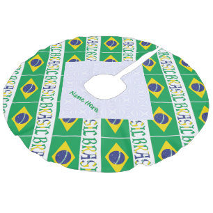 Brasil Bandiera Brasil Tiled Personalized Name Faux Linen Tree Skirt