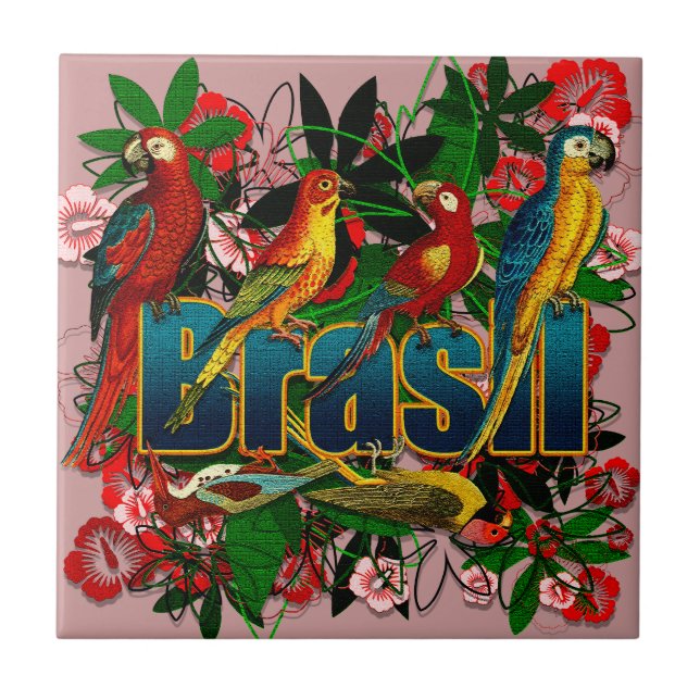 Brasil Brazil Tropical floral rainforest birds art Tile (Front)