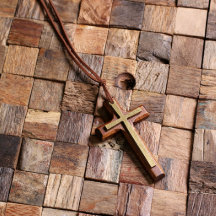 Brass and Brown Wooden Christian Cross Necklace