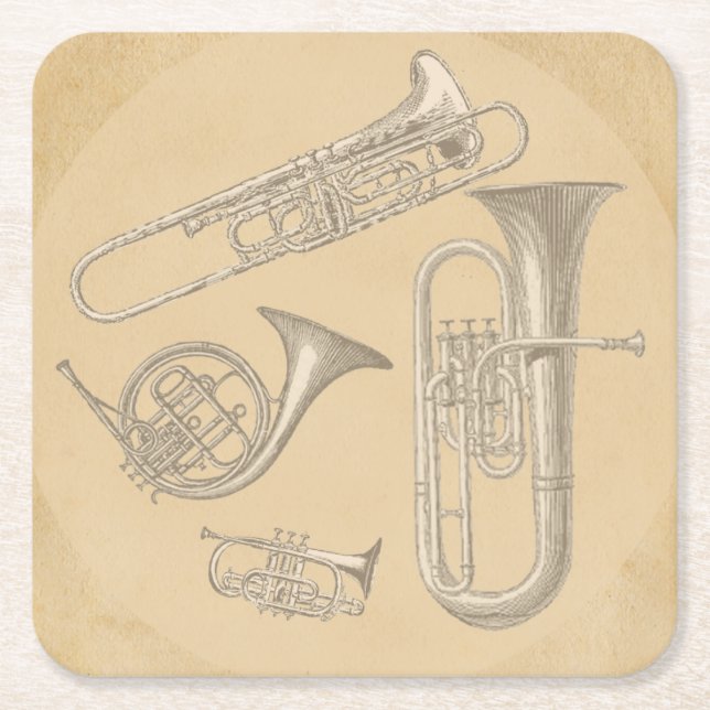 Brass Instruments Vintage Drawings Square Paper Coaster (Front)