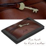 Brass Key on Brown faux Leather with Initials Trifold Wallet<br><div class="desc">The design of this wallet was inspired by rich brown leather with its look of fine leather with piping and stitching and a brass key.  It's a fun twist on faux leather. Personalize the Initials.

This image is original photography by JLW_PHOTOGRAPHY.</div>