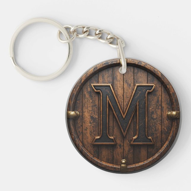 Brass Rivet Wooden Monogram M Barrel Emblem 🔑 Keychain (Front)
