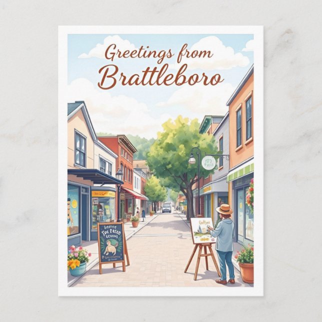 Brattleboro, Vermont – Artsy Downtown Vintage Postcard (Front)