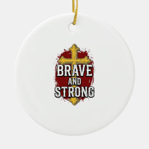 Brave and Strong Vintage Cross Shirt Design_1 Ceramic Ornament