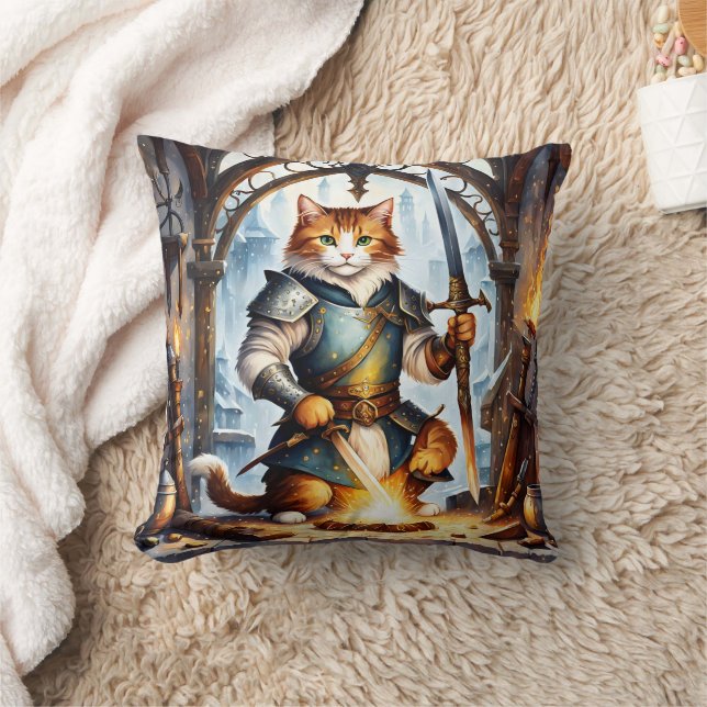 Brave Cat Knight Forging Swords in Fantasy Forge Throw Pillow (Blanket)