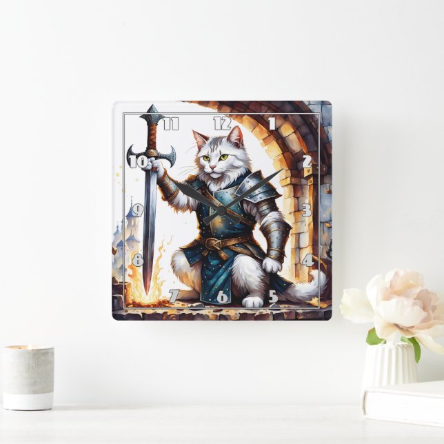 Brave Cat Knight in Armour With Sword Square Wall Clock (Home)