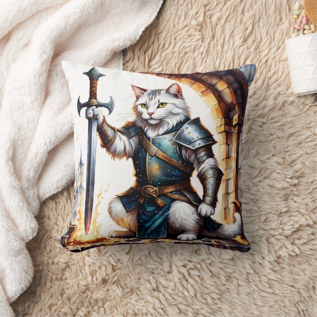 Brave Cat Knight in Armour With Sword Throw Pillow (Blanket)