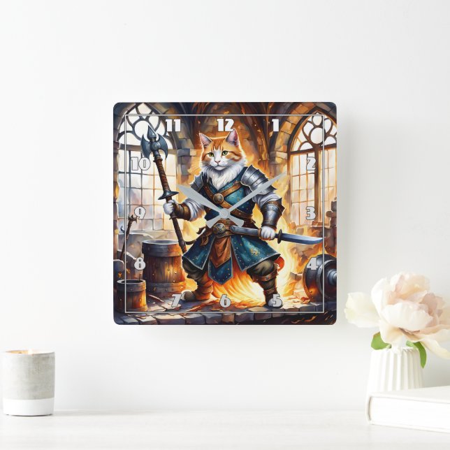 Brave Cat Knight in Medieval Setting Square Wall Clock (Home)