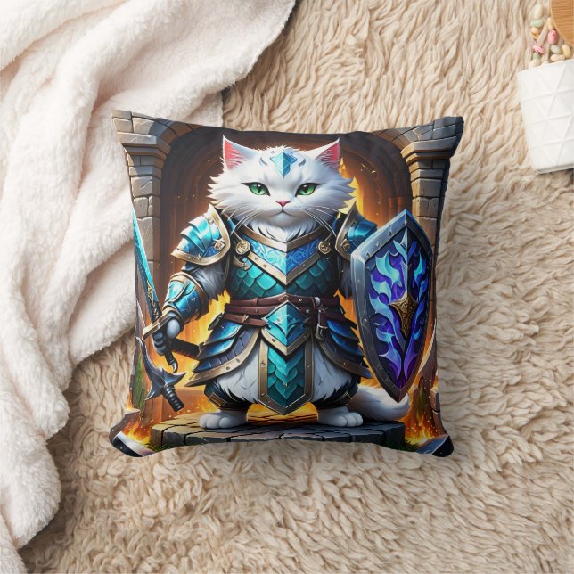 Brave Cat Warrior in Fantasy Armour by Castle Throw Pillow (Blanket)