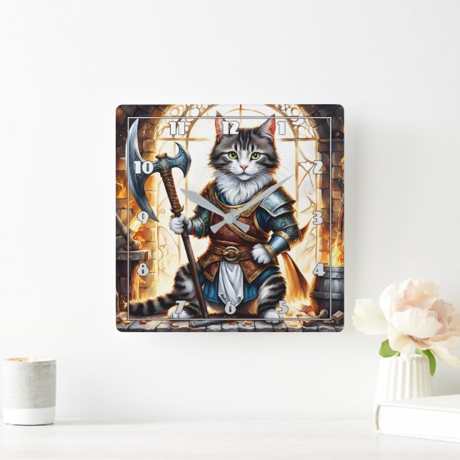 Brave Cat Warrior in Medieval Armour Square Wall Clock (Home)