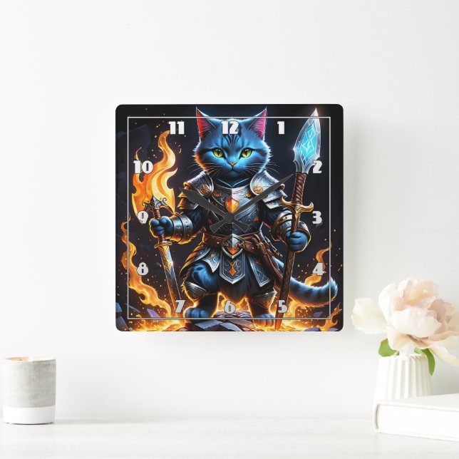 Brave Feline Knight in Fiery Fantasy Setting Square Wall Clock (Home)