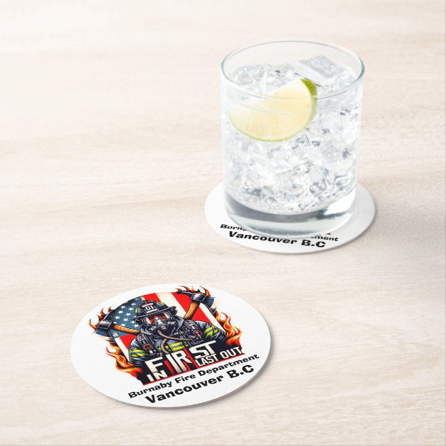 Brave firefighter ready round paper coaster (Insitu)