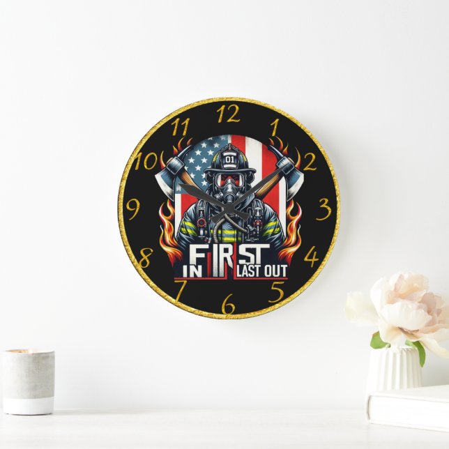 Brave firefighter stands proud large clock (Home)