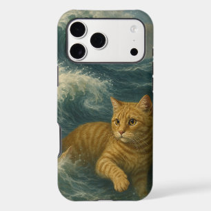 Brave Ginger Cat Riding Ocean Waves               