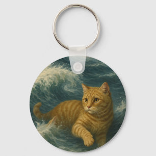 Brave Ginger Cat Riding Ocean Waves Keychain