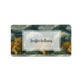    Brave Ginger Cat Riding Ocean Waves             Label