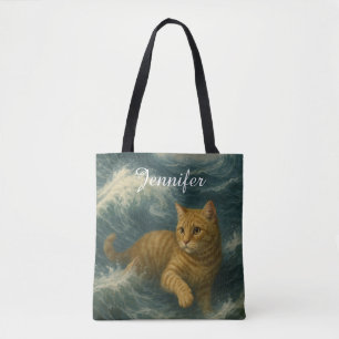 Brave Ginger Cat Riding Ocean Waves                Tote Bag