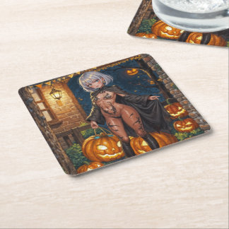 Brave Halloween Girl Trick or Treat Bodypainting Square Paper Coaster