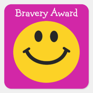 Bravery award yellow face on pink square sticker