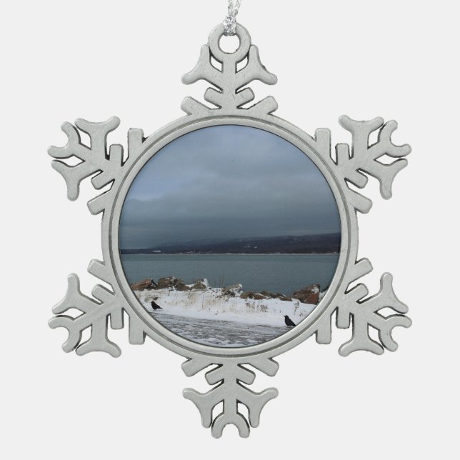 Braving the Storm Together Snowflake Pewter Christmas Ornament (Front)