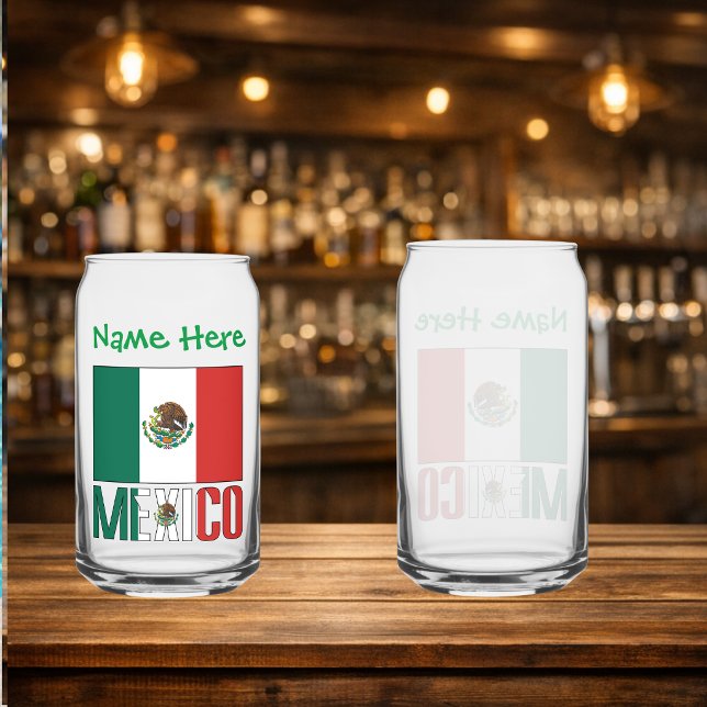 Brazil and Brazilian Flag Personalized  Can Glass (Personalized can glass has Mexican Flag and MEXICO in flag colors. Add a name above. Design on front)