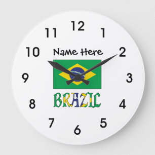 Brazil and Brazilian Flag with Your Name Large Clock