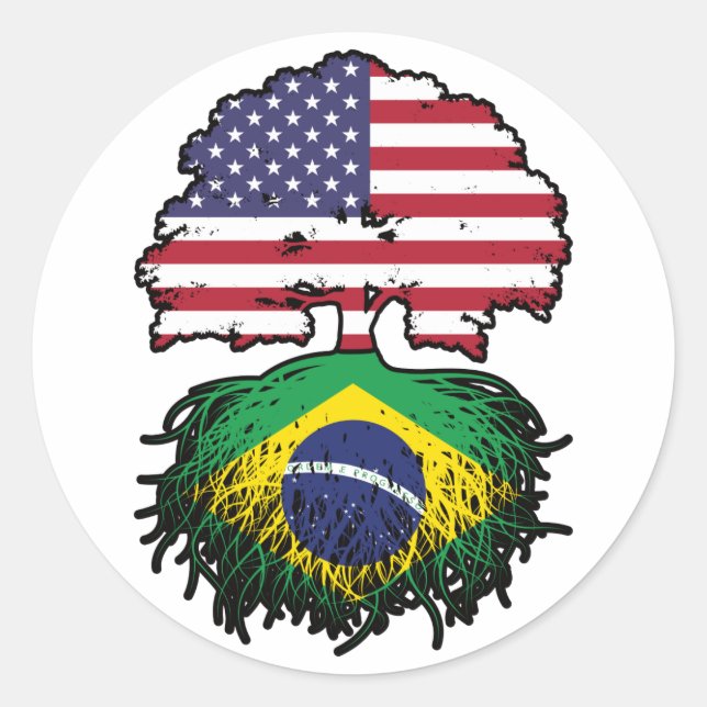 Brazil Brazilian American USA Tree Roots Flag Classic Round Sticker (Front)