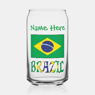 Brazil Brazilian Flag Green Personalized Name  Can Glass