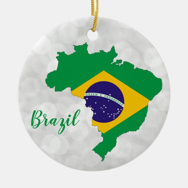 Brazil Brazilian Flag Map Christmas Ceramic Ornament (Front)