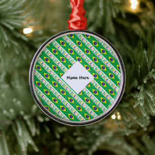Brazil Brazilian Flag Tiled Personalized Name Metal Ornament