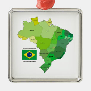 Brazil Flag and Political Map Metal Ornament