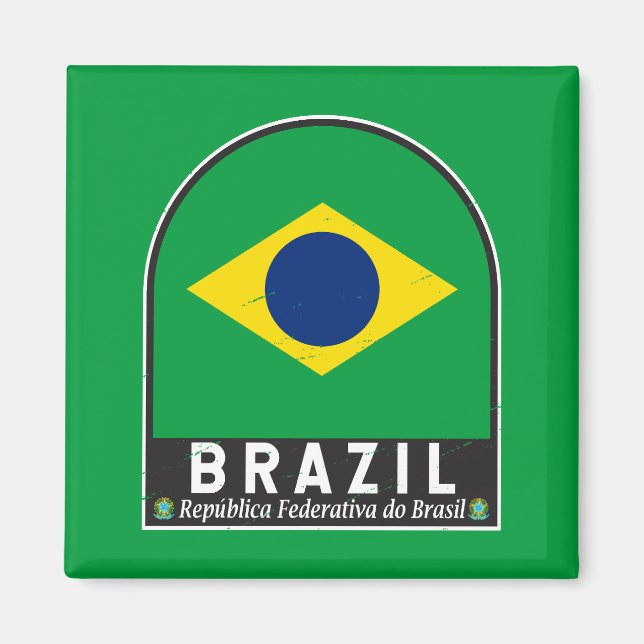 Brazil Flag Emblem Distressed Vintage Magnet (Front)