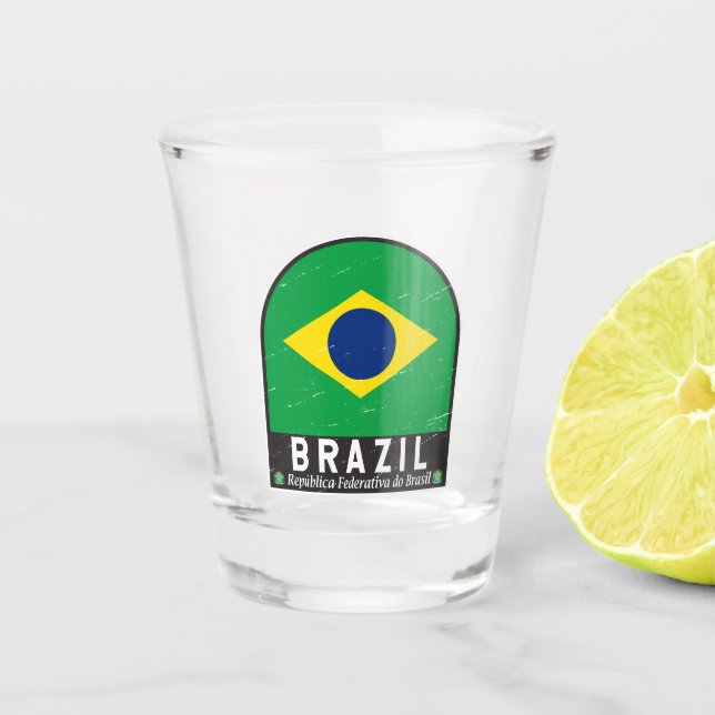 Brazil Flag Emblem Distressed Vintage Shot Glass (Front)