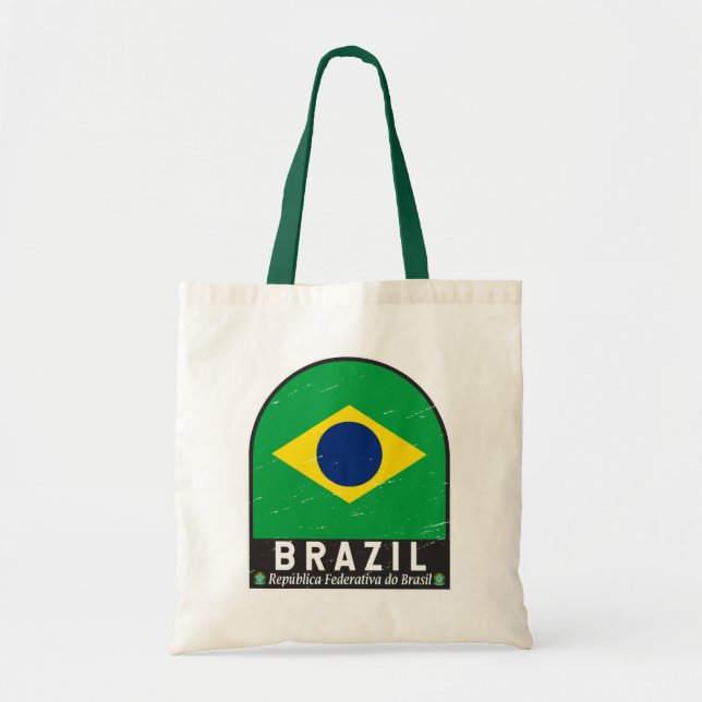 Brazil Flag Emblem Distressed Vintage Tote Bag (Front)