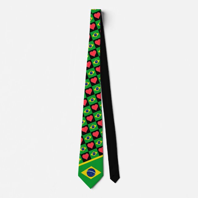 Brazil Flag Heart Pattern Brazilian National Pride Tie (Front)
