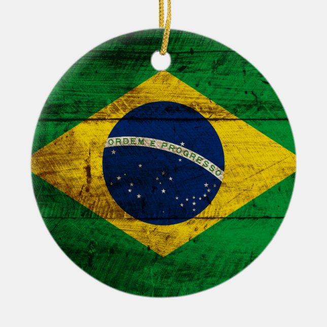 Brazil Flag on Old Wood Grain Ceramic Ornament (Front)