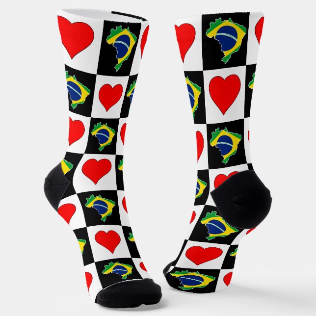 Brazil Heart Pattern Brazilian National Flag Map Socks (Angled)